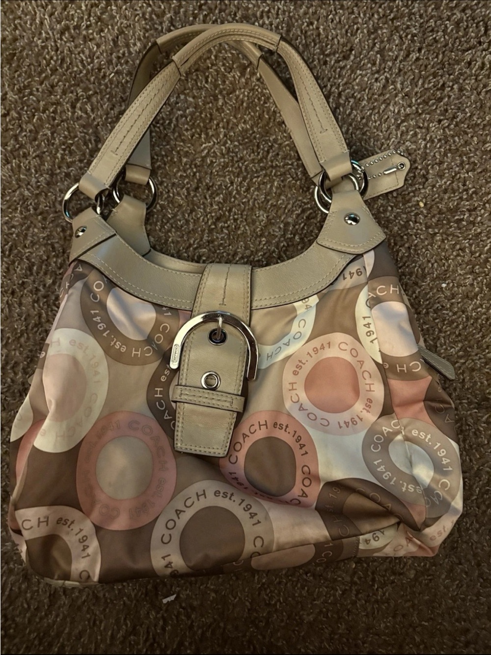Coach Beige Shoulder Bag with Multicolor Ring Print